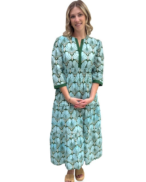 The Sydney Cotton Cinch Waist Dress in Blue Green Fan Print — view 2