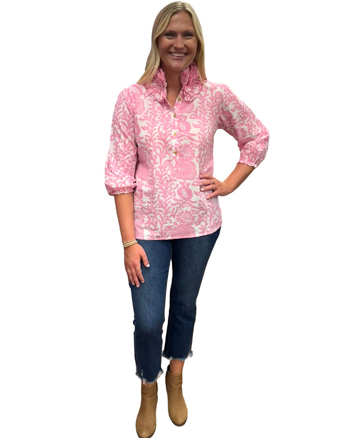The Maria Ruffle Neck Blouse in Pink White Floral