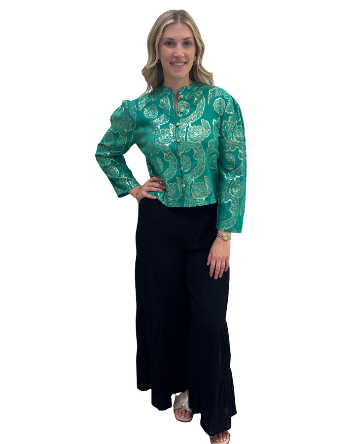 The Adelaide Button Front Jacket Top in Emerald and Gold