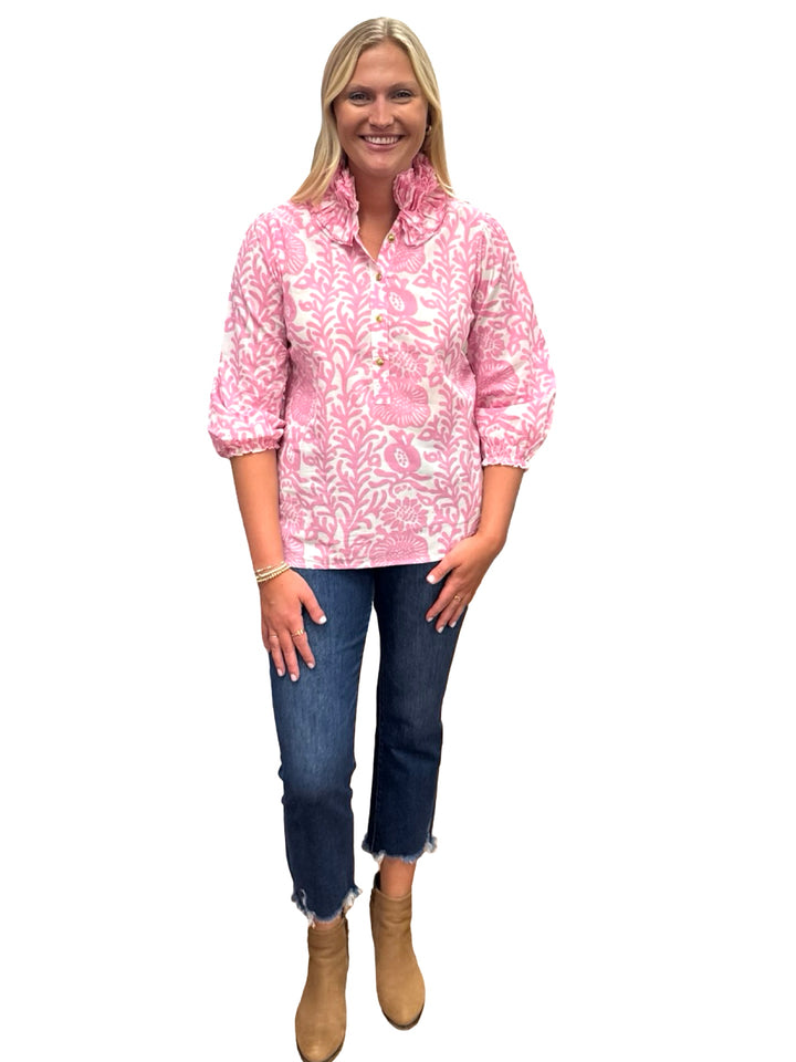The Maria Ruffle Neck Blouse in Pink White Floral