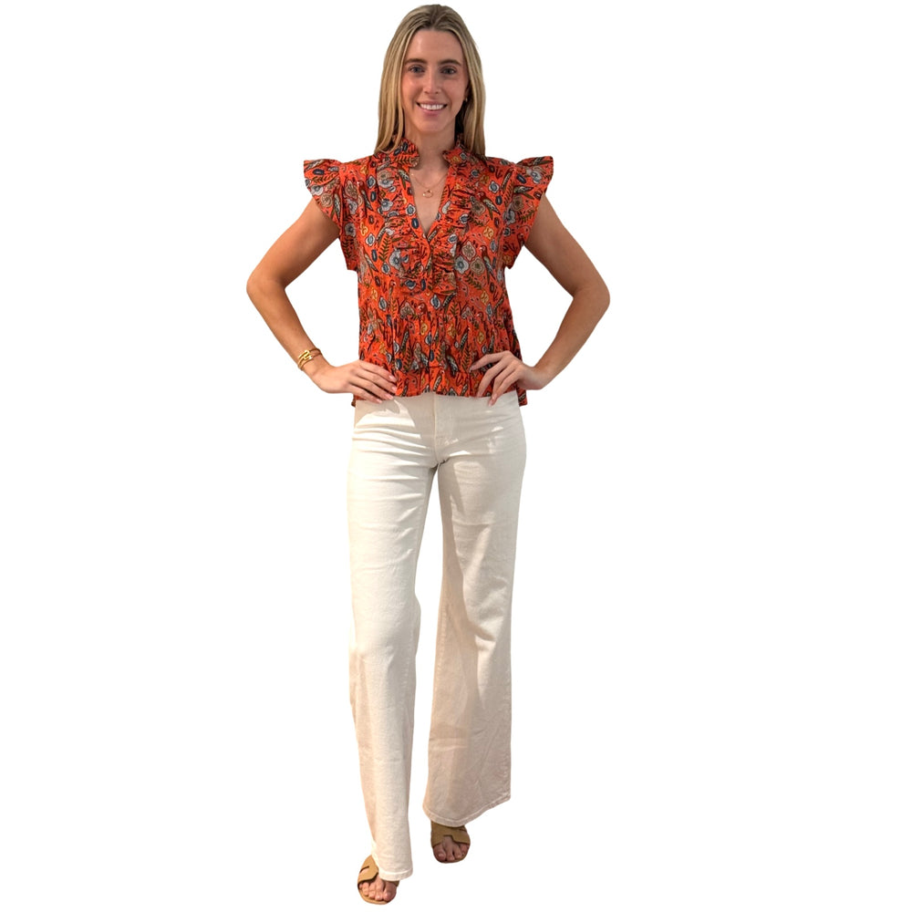 The Bella Ruffle Trim Top in Coral Parrot Print Cotton — view 2