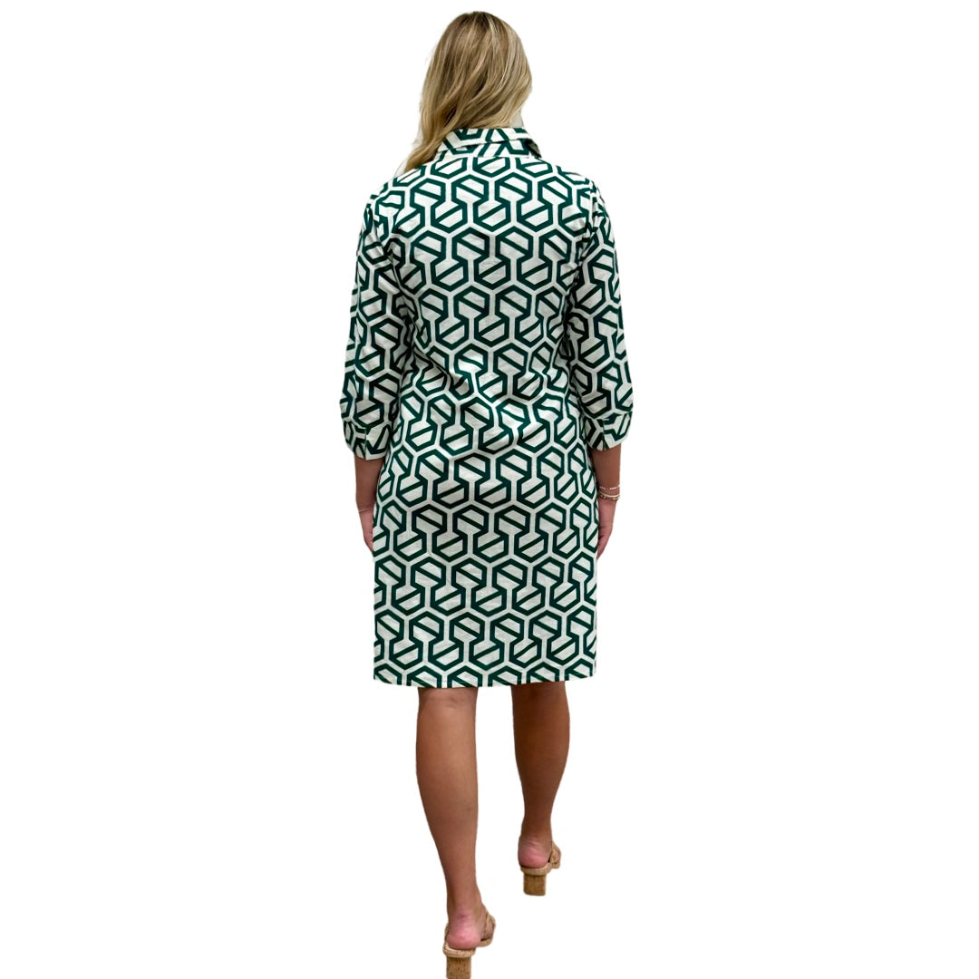 The Lisette Cotton Linen Dress in Emerald and White — view 5