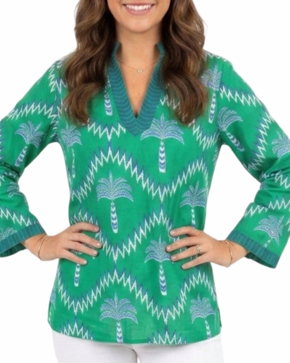 The Winslow Embroidered Trim Tunic in Green Navy Palm Print — view 2
