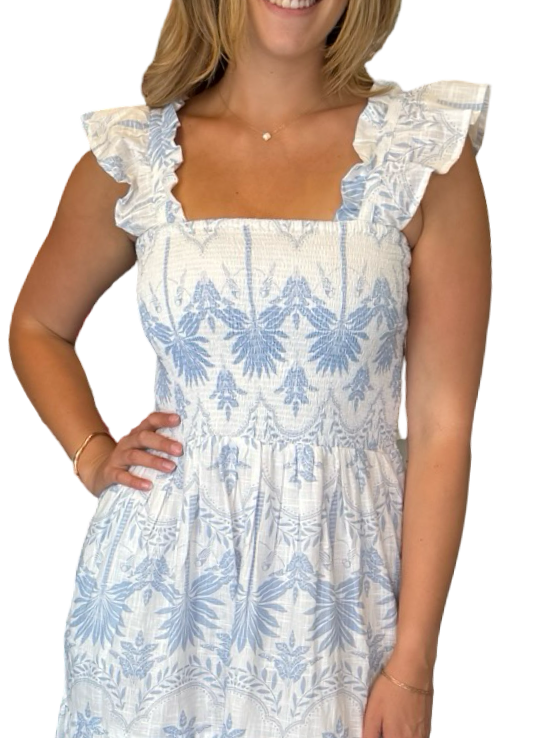 The Cloey Smocked Midi Length Dress in Blue Palm Print — view 3