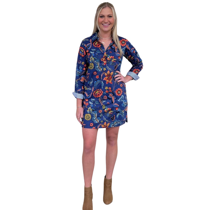 The Riley Cotton Shirt Dress in Blue Hand Blocked Floral — view 4