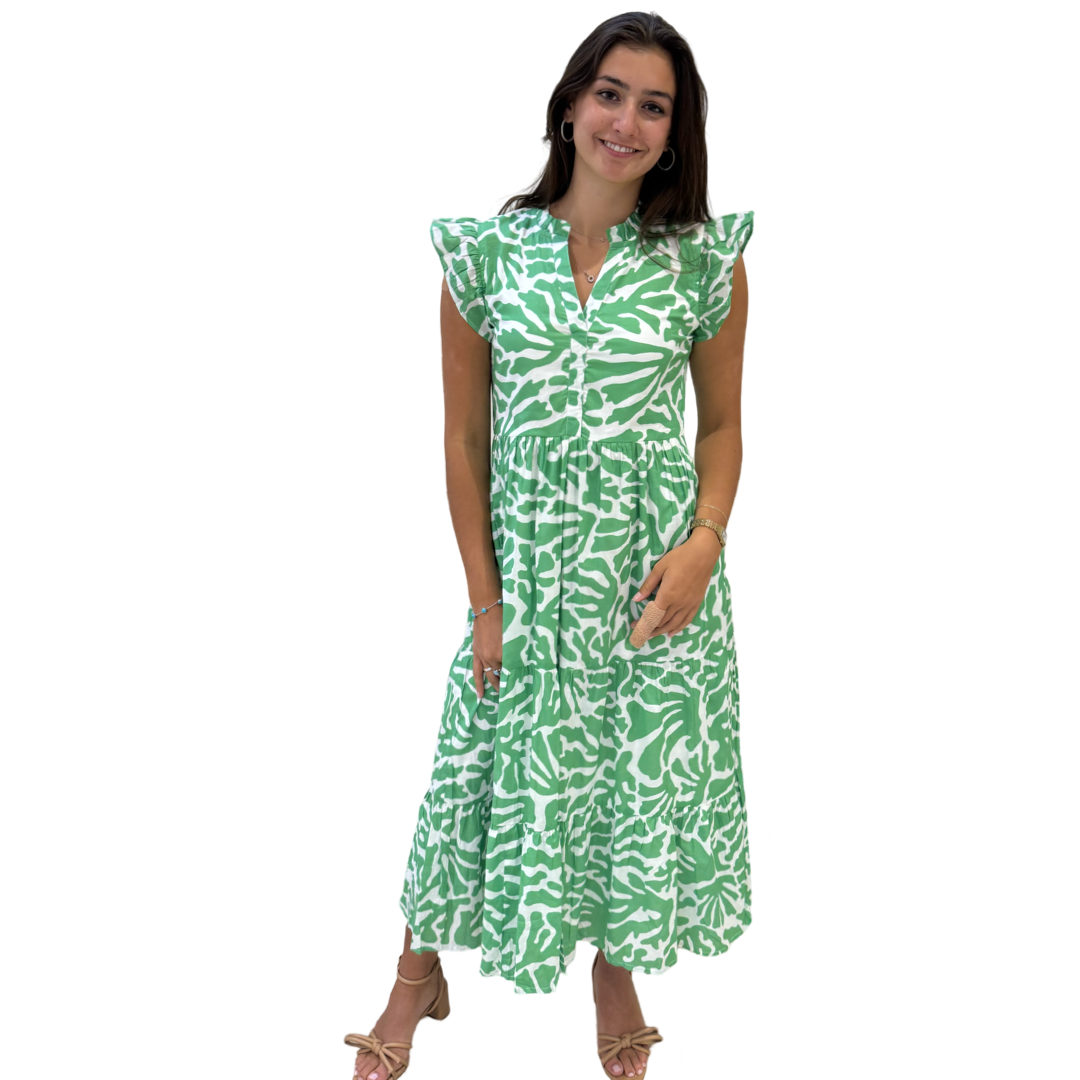 The Campbell Long Flutter Sleeve Dress in Vibrant Green and White — view 5