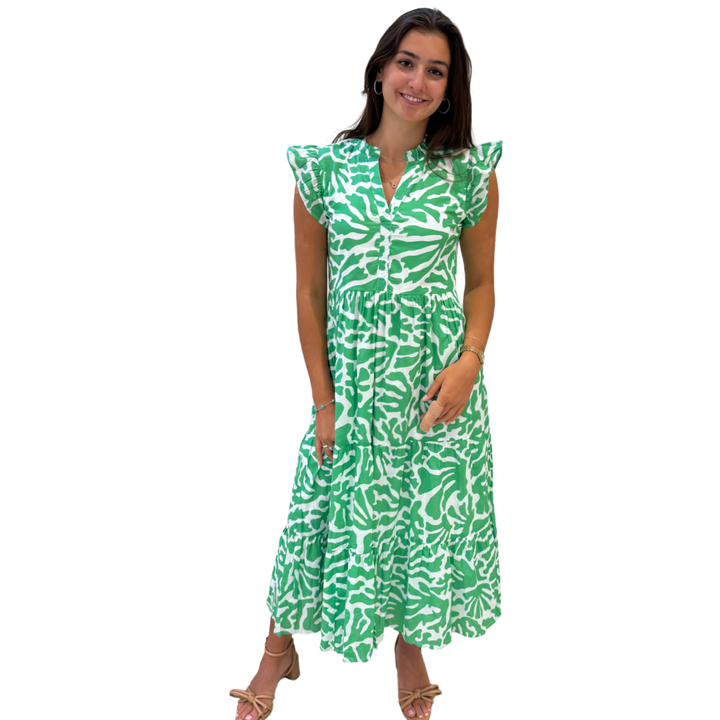 The Campbell Long Flutter Sleeve Dress in Vibrant Green and White — view 5