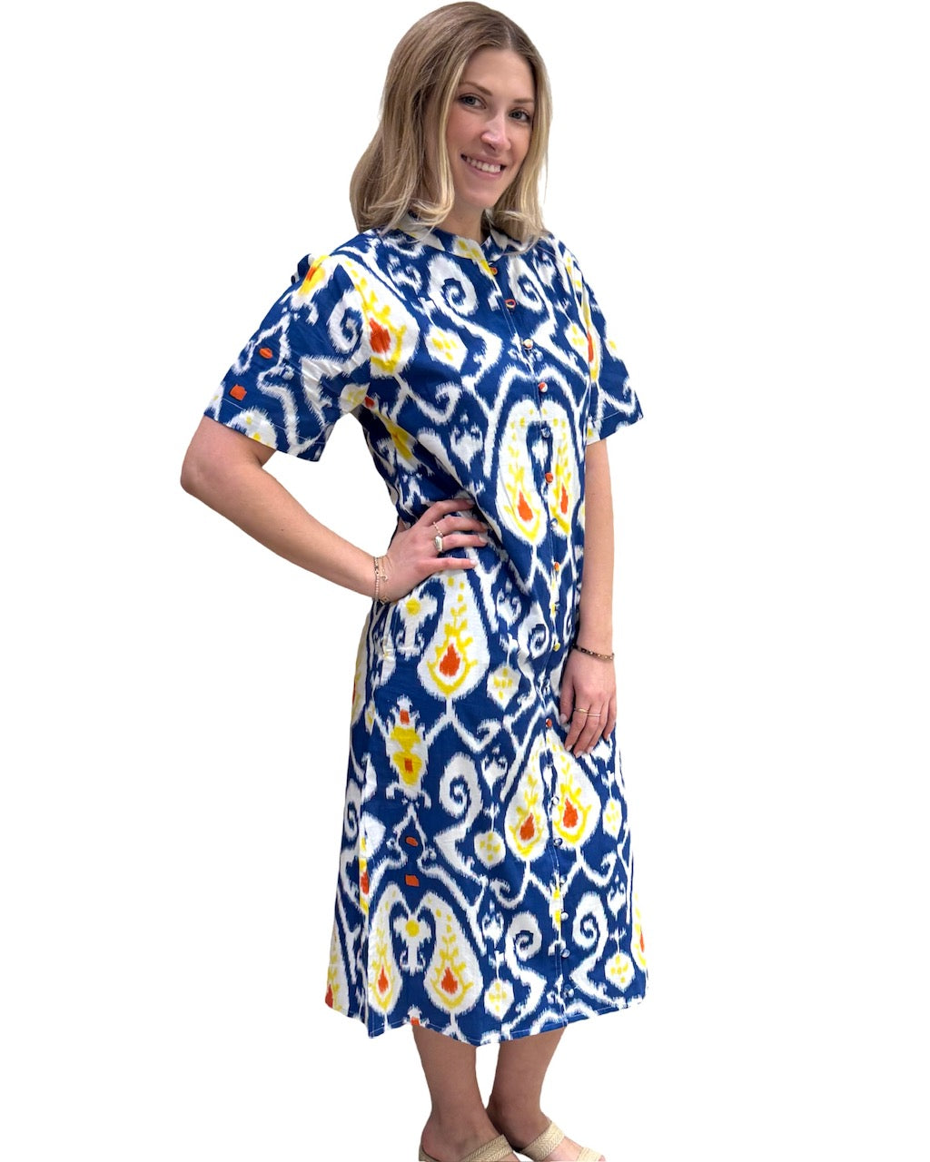 The Tabitha Button Front Short Sleeve Dress in Blue Yellow Cotton Ikat Print