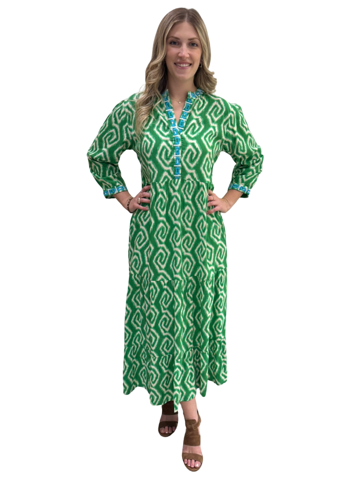 The Addison Embroidered Trim Notch Neck Dress in Green Ikat — view 4