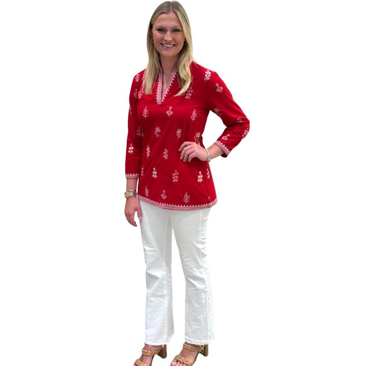 The Brie Embroidered Cotton Tunic in Red and White — view 7