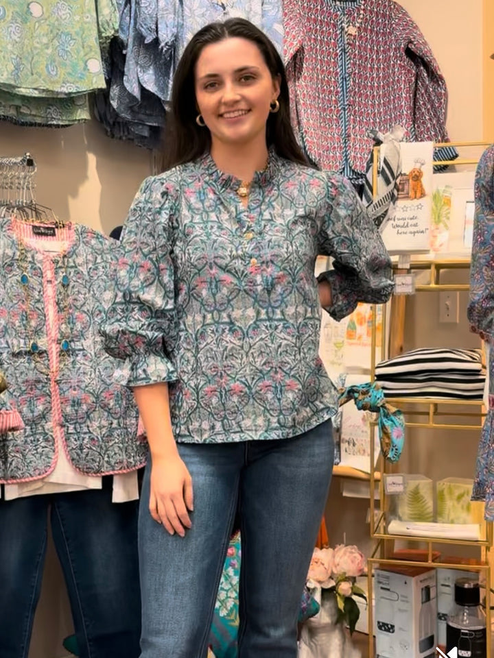 The Ainsley Hand Block Printed Cotton Ruffle Trimmed Top — view 7
