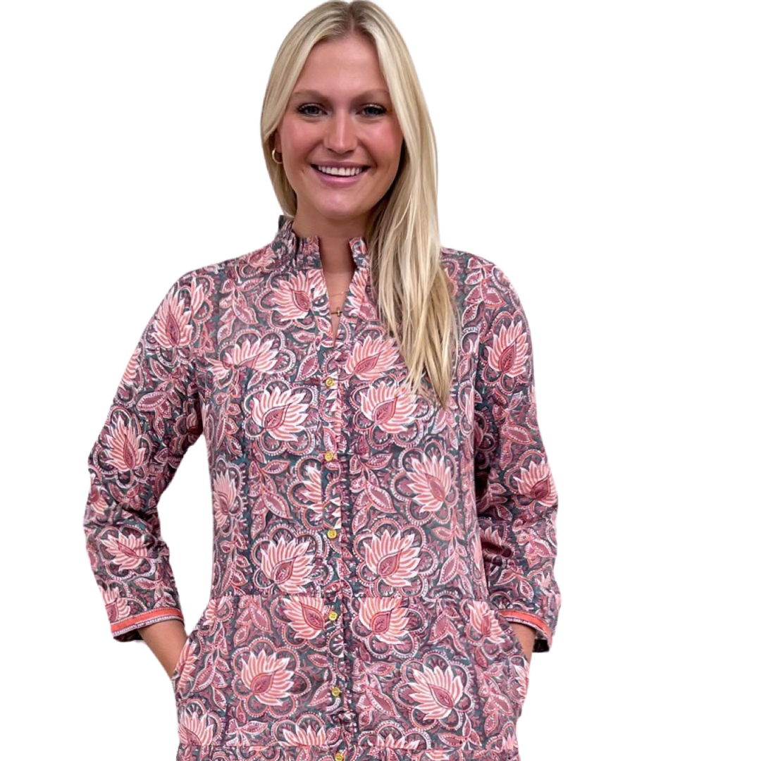 The Lacey Button Front Block Print Dress in Orange Green Floral — view 3