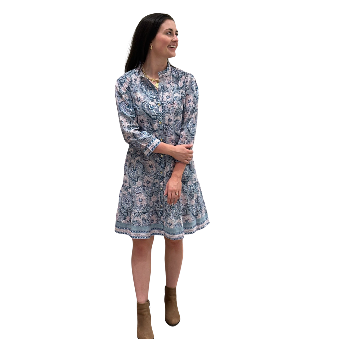 The Lacey Button Front Block Print Cotton Dress in Sage Green — view 4