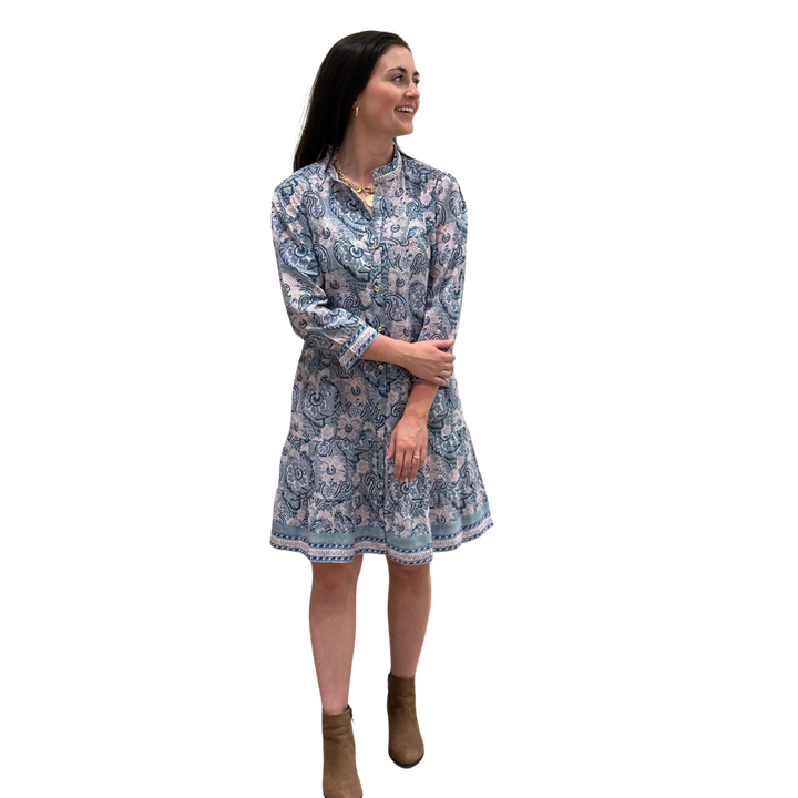 The Lacey Button Front Block Print Cotton Dress in Sage Green — view 4