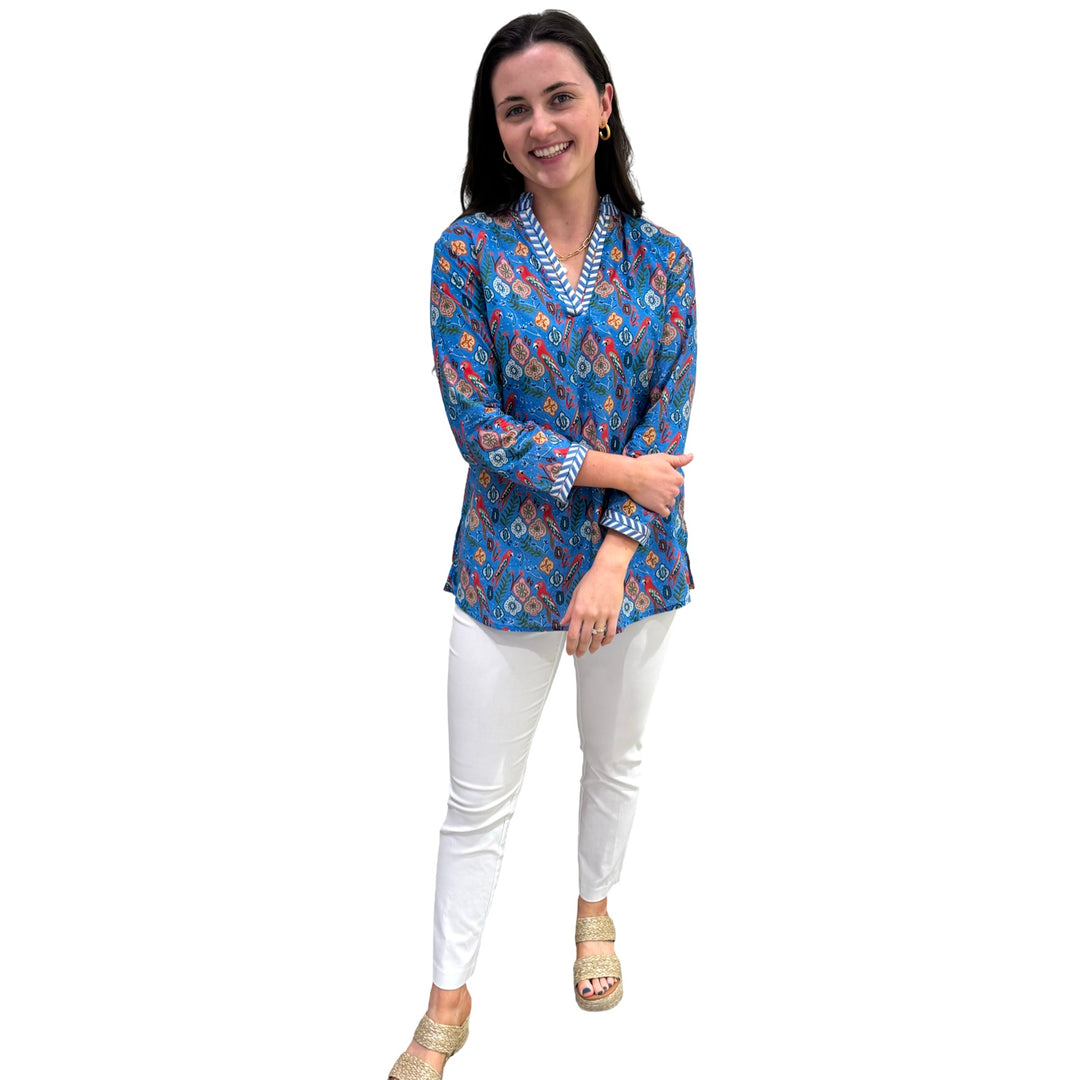 The Brie Embroidered Trim Tunic in Blue Parrot Floral