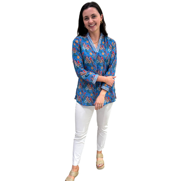The Brie Embroidered Trim Tunic in Blue Parrot Floral