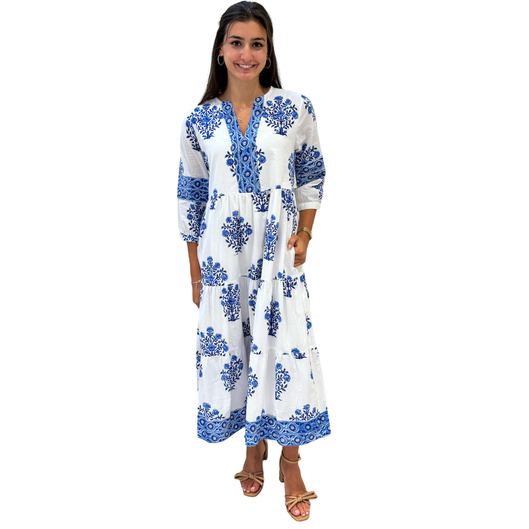 The Evie Long Dress in Blue and White Border Trimmed Floral Hand-Block Printed Cotton — view 6