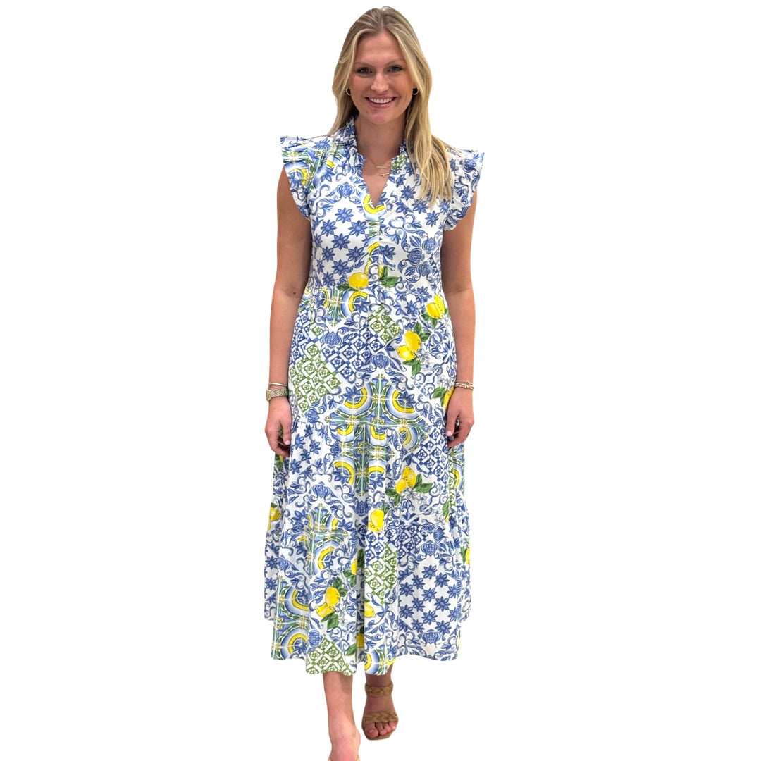 The Campbell Flutter Sleeve Dress in Blue Lemon — view 2