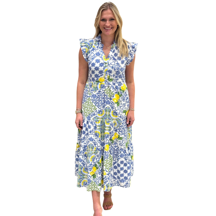 The Campbell Flutter Sleeve Dress in Blue Lemon — view 2