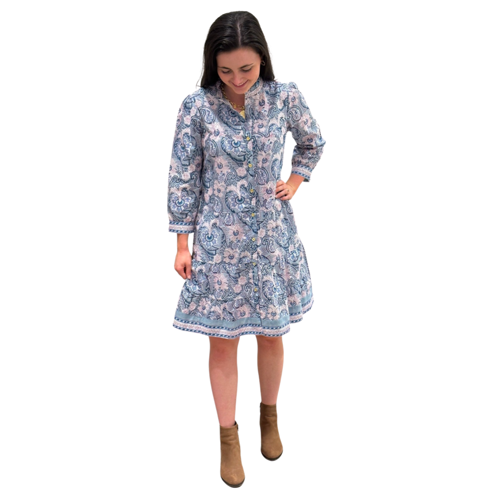 The Lacey Button Front Block Print Cotton Dress in Sage Green — view 2