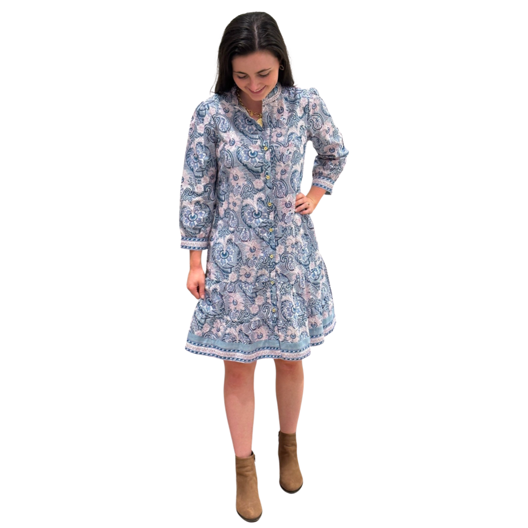 The Lacey Button Front Block Print Cotton Dress in Sage Green — view 2