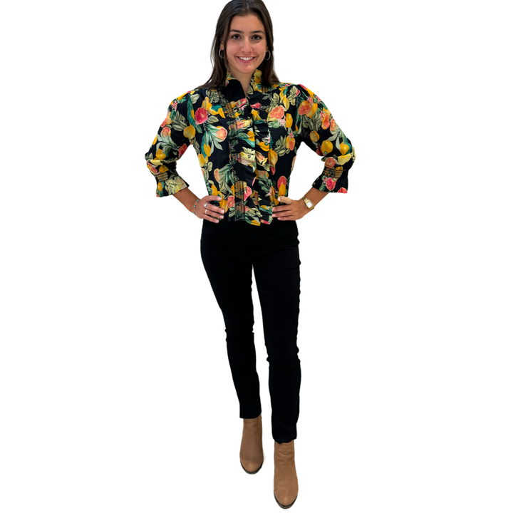 The Amelia Ruffle Top in Black Citrus Floral