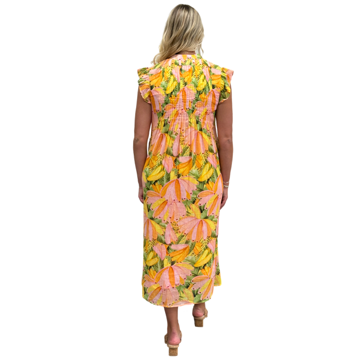 The Maggie Tropical Print Long Dress in Peach — view 5
