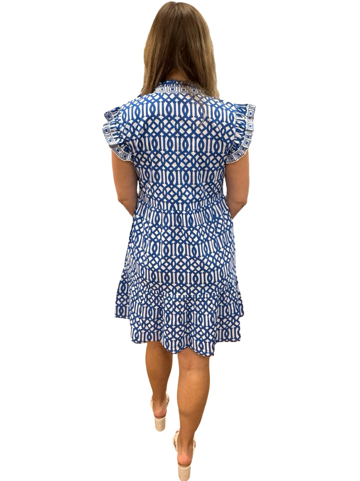 The Campbell Flutter Sleeve Dress in Blue White Trellis Print