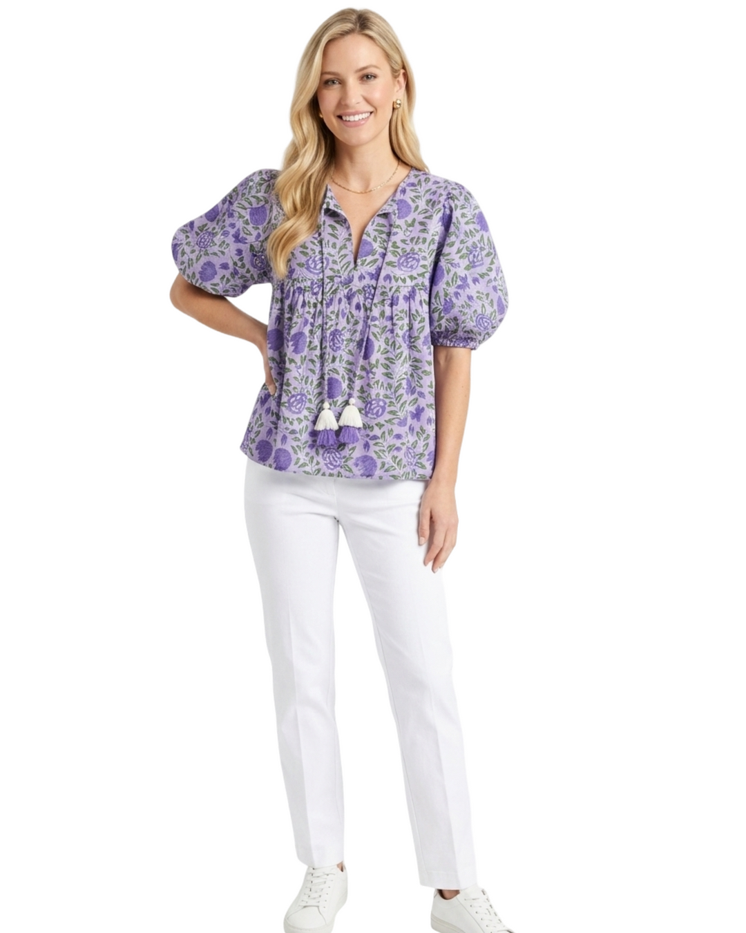 The Poppy Puff Sleeve Top in Purple Floral Hand Block Printed Cotton