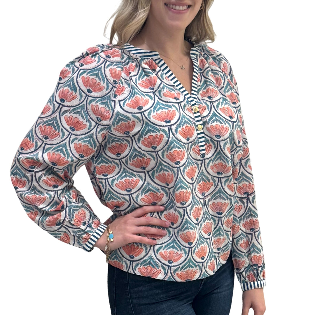 The Chandler Block Printed Floral Top in Orange and Green — view 4