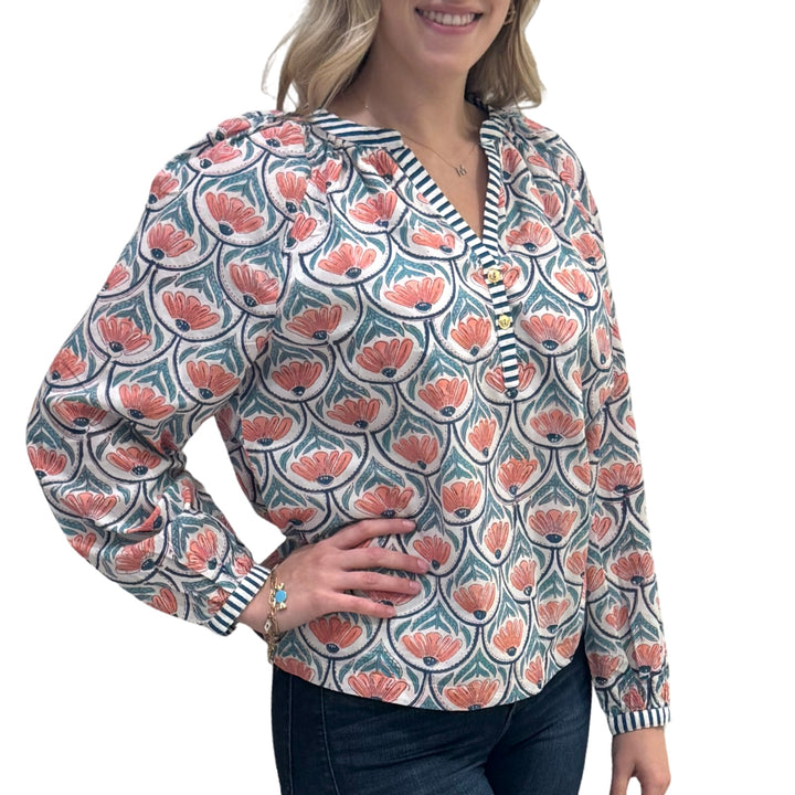 The Chandler Block Printed Floral Top in Orange and Green — view 4