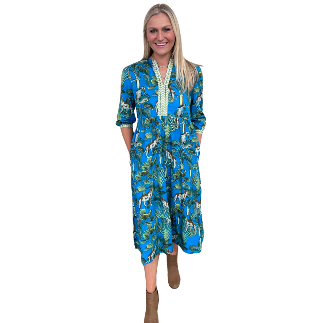 The Daniella Cotton Jungle Palm Print Dress in Blue Green – Liza Byrd