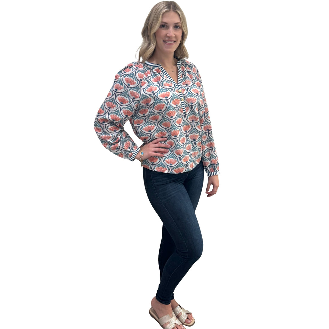The Chandler Block Printed Floral Top in Orange and Green — view 2