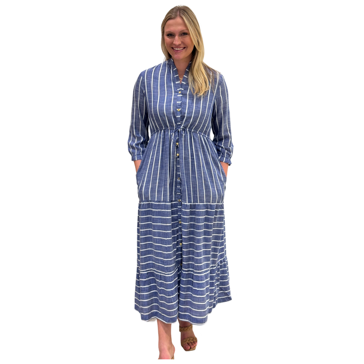 The Hamilton Chambray Stripe Tie Waist Dress in Blue and White