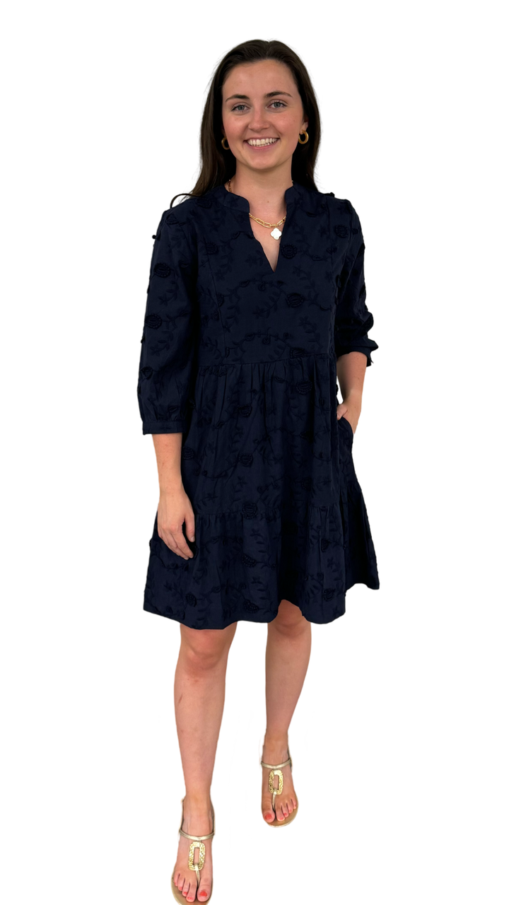 The Preston Navy Embroidered Cotton Dress — view 4