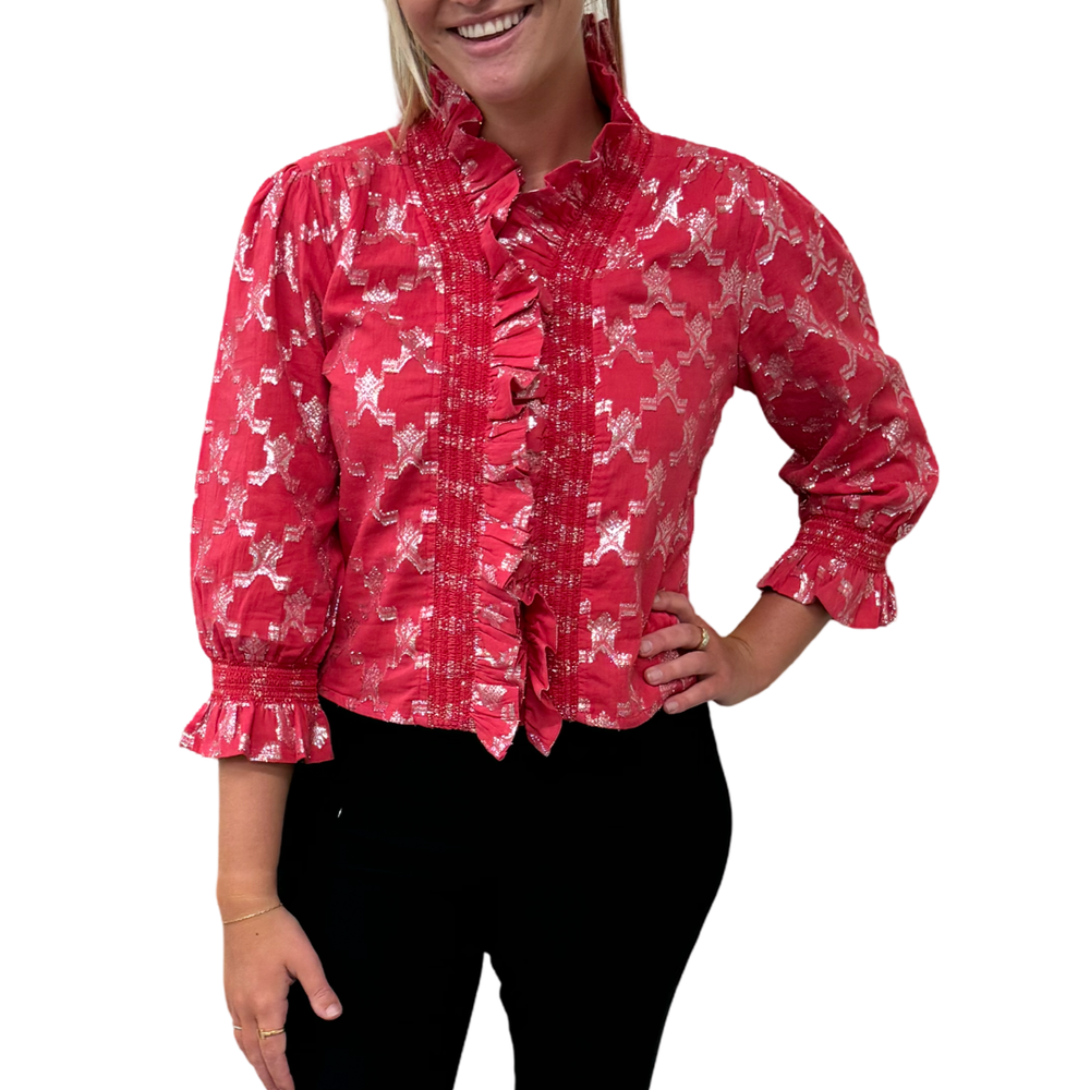 The Amelia Ruffle Trim Top in Pink and Silver — view 2