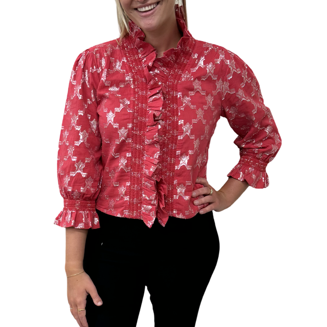 The Amelia Ruffle Trim Top in Pink and Silver — view 2