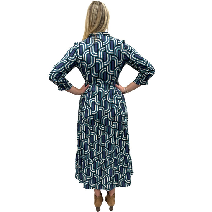 The Hamilton Tie Front Long Dress in Blue Green Geometric — view 6
