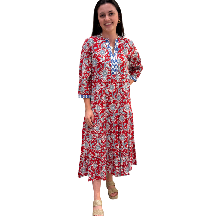 The Daniella Embroidered Trim Dress in Red and Blue Handblocked Floral — view 2