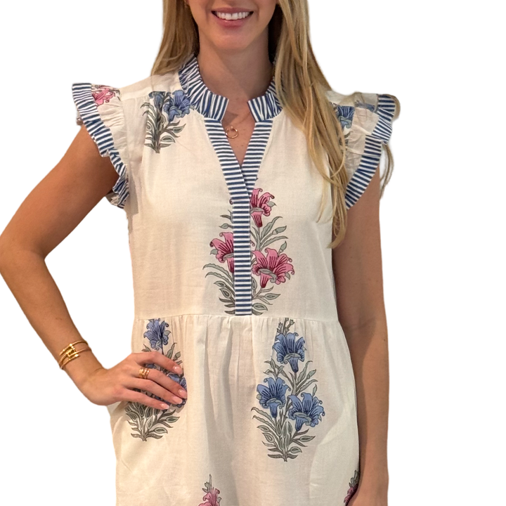 The Campbell Striped Trim Hand-Blocked Floral Midi Dress — view 6