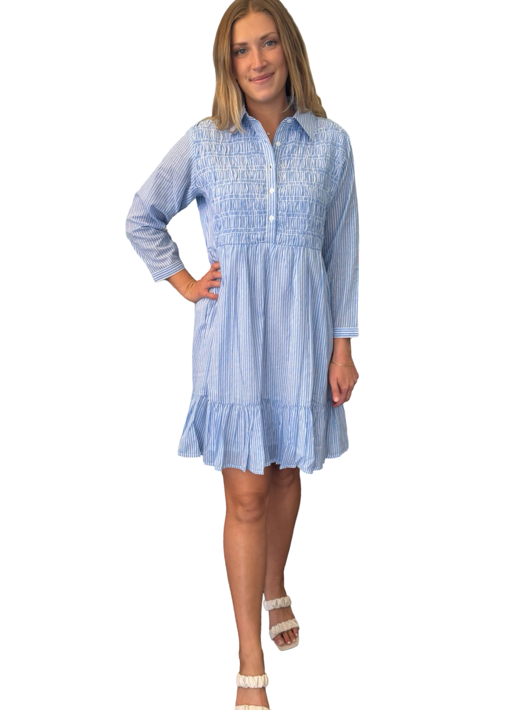 The Tasha Smocked Front Dress in Blue White Stripe