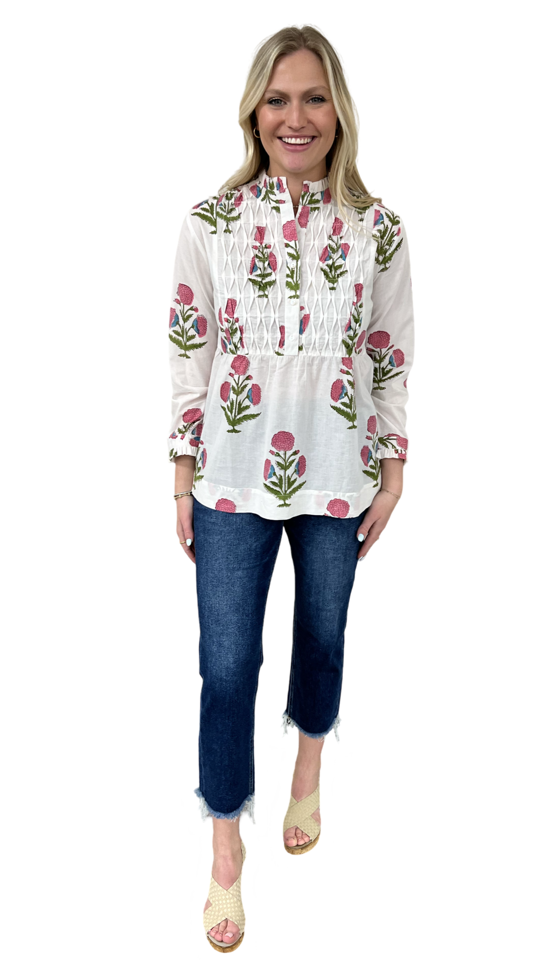 The Veronica Smocked Button Front Top in Hand-Blocked Cotton Floral