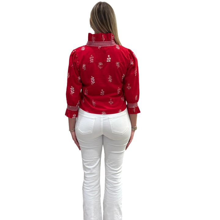 The Amelia Ruffle Front Top in Red and White Embroidered cotton — view 7