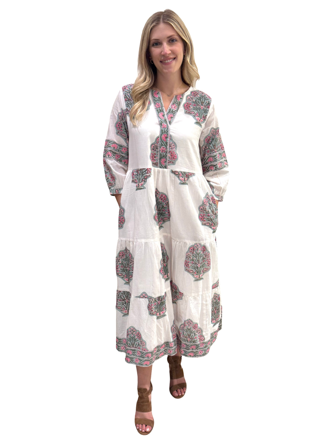 The Evie Long Length Hand Block Printed Dress in Aqua Pink and White — view 3