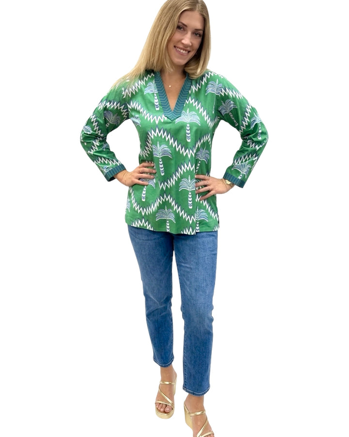 The Winslow Embroidered Trim Tunic in Green Navy Palm Print — view 3