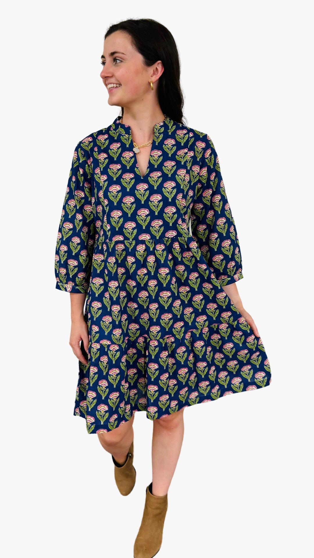 The Preston Hand Block Blue Pink Cotton Floral Dress — view 5