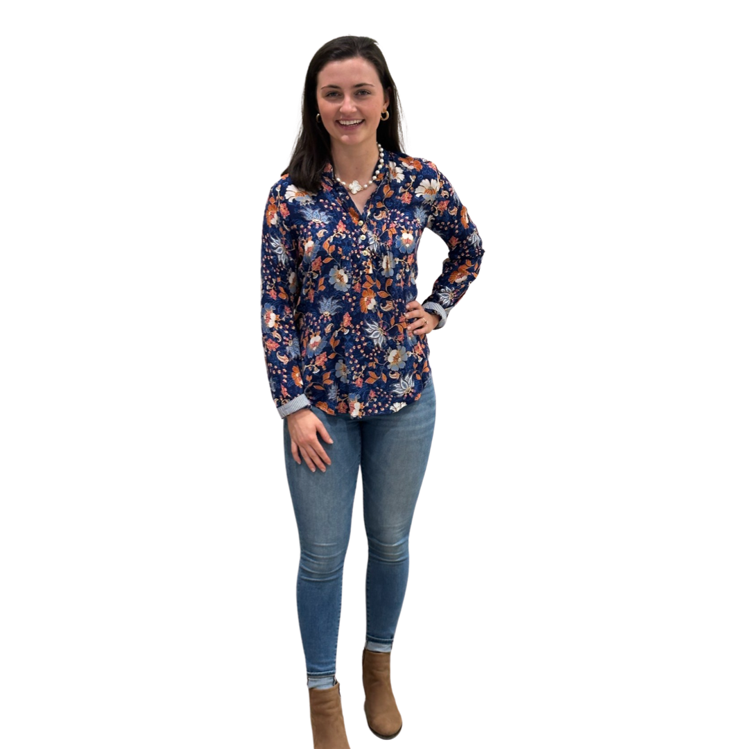 The Avery Top in Navy Floral Rayon Crepe