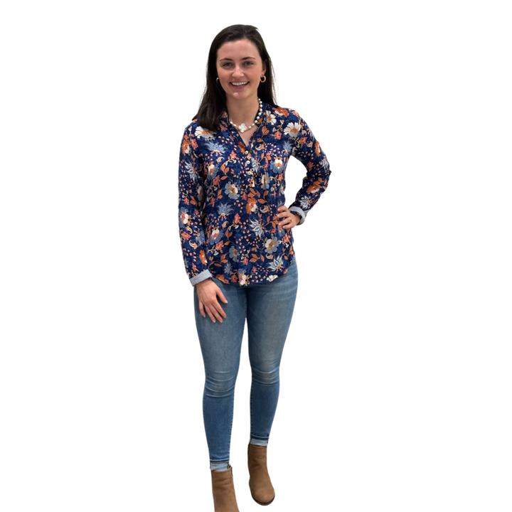 The Avery Top in Navy Floral Rayon Crepe