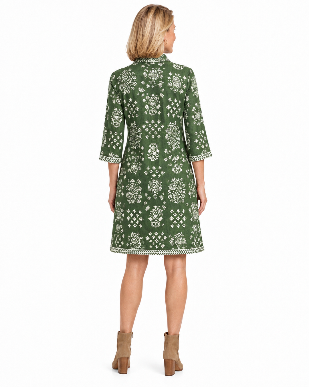 The Annika Button Front Dress in Olive Green and White