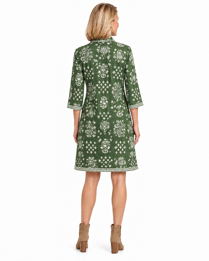 The Annika Button Front Dress in Olive Green and White